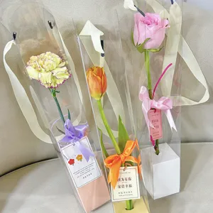 Transparent PVC single flower gift bag waterproof handheld rose bouquet packaging box 5pcs