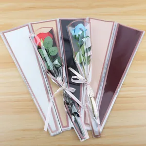 Waterproof OPP plastic single rose flower bouquet bag with gold rim for floral packaging.