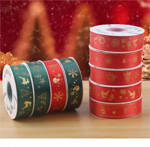 Christmas gold stamping ribbon rolls set for holiday gift wrapping, craft DIY, and party decor.