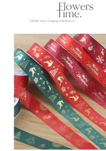 Christmas metallic gold stamping ribbon set for gift wrapping, holiday DIY bow and flower decor.