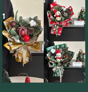 Christmas bouquet detail showcasing pine branches, pinecones, snowman doll and festive wrapping.