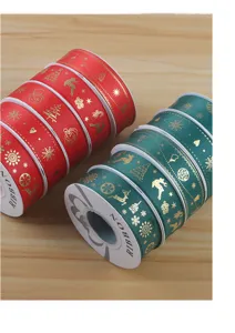 Christmas gold foil printed ribbon set, perfect for holiday gift wrapping, DIY bows and floral decor.