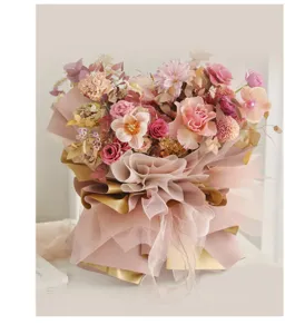 Waterdicht bloemeninpakpapier gouden rand roze boeket verpakkingsfolie voor DIY geschenken.