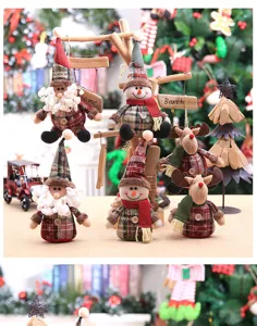 Detailed view of plaid Christmas plush ornaments featuring Santa, snowman and reindeer