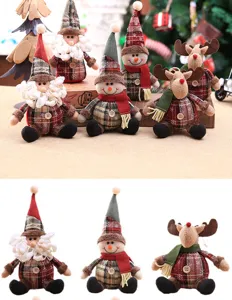 Festive Christmas plush ornaments featuring Santa, snowman, and reindeer in plaid outfits.