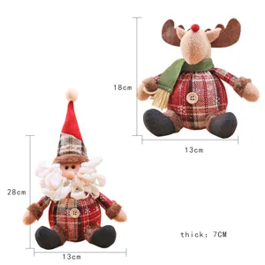 Festive Christmas gnome and reindeer plush ornaments with detailed size measurements for decor