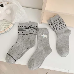 Grey cotton mid-tube socks featuring cute puppy, polka dots and vintage patterns.