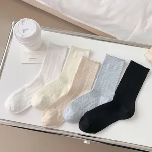 Detail view of solid color ribbed mid-calf socks for women, soft and breathable fabric.