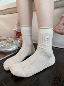 Chaussettes mi-hautes femme nœud papillon brodé maille losange style mignon mode casual