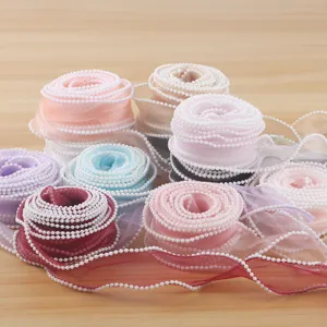 Transparent Fish Tail Yarn Ribbon With Artificial Pearl Edge DIY Flower Bouquet Tying Strap Gift Wrapping Ribbon Roll