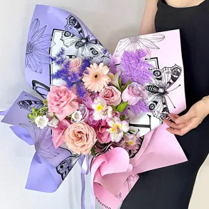 Waterproof retro dreamy butterfly flower wrapping paper, BOPP thickened pearlescent film.