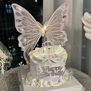 Adorno de pastel de mariposa 3D luminoso con perlas y estrás para fiesta cumpleaños