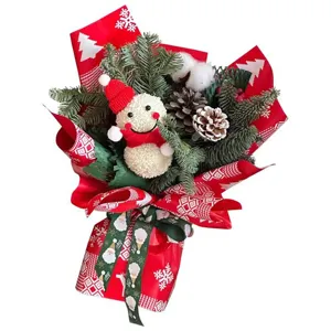 Christmas bouquet wrapping paper material holiday floral packaging set with cute snowman doll decor.