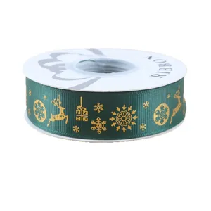 Christmas green gold stamped ribbon with reindeer and snowflake patterns for gift wrapping DIY