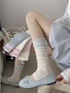 Detail shot of Korean style ruffled stacking socks with ballet flats, soft thin cotton.