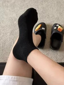 Plain black short socks for women, breathable summer thin cotton socks, casual daily wear.