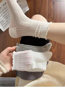 Women summer thin lace breathable mesh crew socks solid color casual cute stacking socks