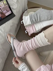 Close-up detail of stylish Korean ballet style color-block lettuce edge leg warmers.