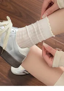 Breathable mesh lace crew socks for women, sheer thin summer casual vintage socks.
