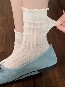 Detailed view of white lace trim hollow out summer breathable mesh women socks elastic texture.