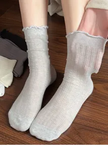 Summer women thin mesh hollow breathable ruffle cotton slouch socks detail showcase.