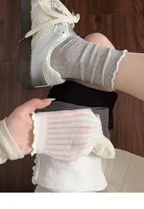 Detail view of women summer breathable mesh lace trim socks, soft combed cotton casual style.