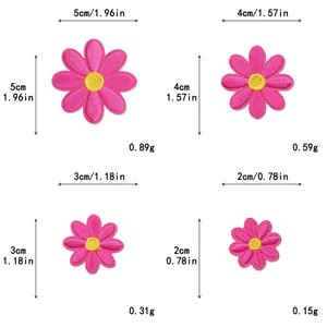 Pink daisy embroidered patches in 4 sizes (5cm, 4cm, 3cm, 2cm) for DIY clothing craft.