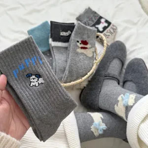 Thick warm wool socks with cute puppy embroidery and bow design, cozy winter mid-calf socks.
