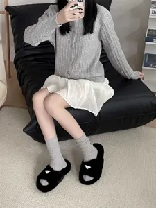 Women gray mid-calf knit slouch socks cozy warm autumn winter retro style casual hosiery