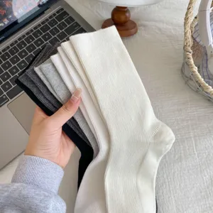 Casual cotton mid-calf socks for women, Japanese style stacking socks, solid colors pair.