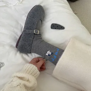 Grey plush shoes and cute embroidered puppy socks winter warm cozy footwear set for women