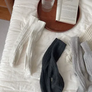 Cozy knit slouch socks detail presentation, soft wool blend warm mid-calf winter socks.