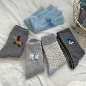 Cozy winter fuzzy mohair gloves and thick warm wool socks set for women cute daily wear.