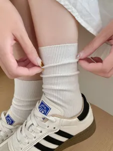 Women's white cotton ribbed slouch socks, casual mid-tube stacked socks for daily wear.
