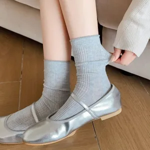 Women's Casual Cotton Blend Mid-Calf Socks Solid Color Vertical Striped Breathable Thin Spring Summer Everyday Hosiery
