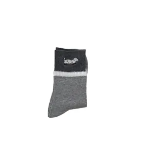 Grey thick winter warm socks with cute puppy embroidery and fluffy plush stripe design for women.