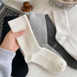 Classic cotton mid-tube socks for women, comfortable spring autumn ribbed fashion hosiery.