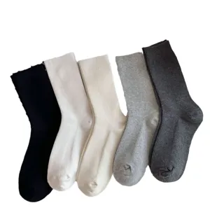 Women solid color ribbed mid-tube socks, soft cotton blend casual daily wear stack socks.