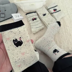 Women's mid-tube cute black cat embroidered polka dot cotton casual stacking socks