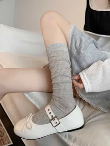 Women grey ribbed mid tube socks JK style breathable casual hosiery for daily wear spring.