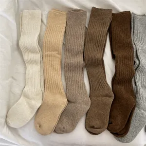 Women Winter Thickened Wool Blend Socks Japanese Retro Ribbed Solid Color Crew Socks Thermal Long Boot Socks