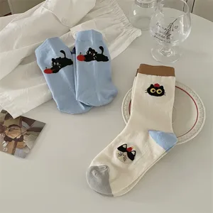 Cute black cat print women mid-tube socks, stylish Korean cotton casual hosiery pair