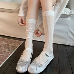 Women's white solid color ribbed tube socks, lightweight spring and summer daily cute hosiery styles.