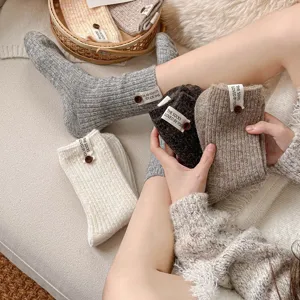 Herfst winter vrouwen wol sokken halverwege dik warm effen kleur casual sokkenpaar