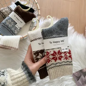 Fair Isle women wool socks winter warm retro color block mid tube socks detail view.