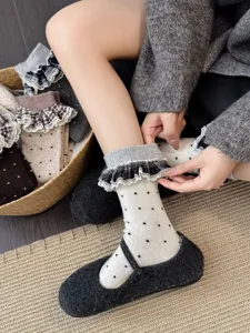 Chaussettes mi-mollet vintage à pois avec volants en dentelle écossaise, chaussettes élégantes