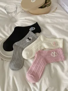 Chaussettes femme Lolita nœud papillon dentelle patch mi-haute tricot torsadé en coton