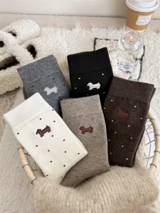 Cashmere socks women autumn winter cute dachshund embroidery polka dot wool warm thick crew socks