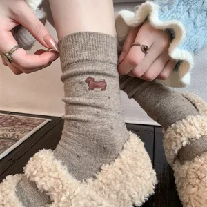Cozy brown knit socks featuring cute dachshund embroidery and polka dots, warm and thick for winter.