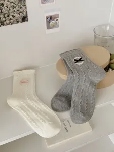 Jolies chaussettes mi-mollet tricot torsadé nœud doux Lolita japonais femme coton